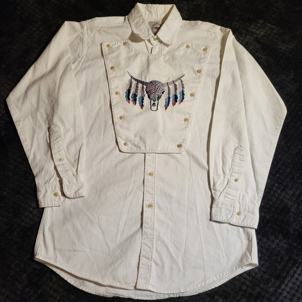 Cow Skull Embroidered Western Shirt Longhorn vtg L rodeo cowboy